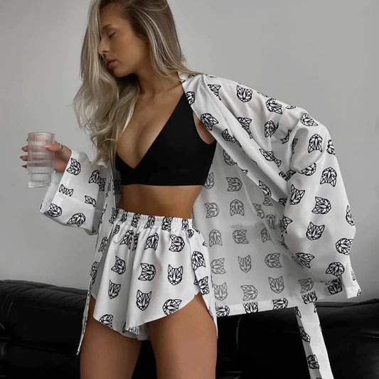 Shorts Set Homewear Fashion Loose Print 2 Piece Sets Womens Outfits Casual Lace Up Long Sleeve Robes With High Waist Pajama 2023