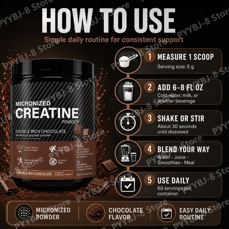 Creatine Monohydrate Powder Chocolate Flavor 10.6 OZ Improve Athletic Performance and Promote Muscle Recovery After Exercise