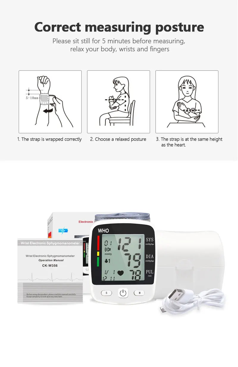 Digital Blood Pressure Monitor Wrist Tensiometer Electronic Sphygmomanometer  Tonometer with LCD, 2 X 90 Memory Rechargeable