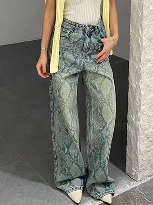 BKQU American Retro Snake Pattern Washed Jeans Y2K Loose High Waist Trousers Fashion Harajuku Street Wide Leg Denim Pants 2025