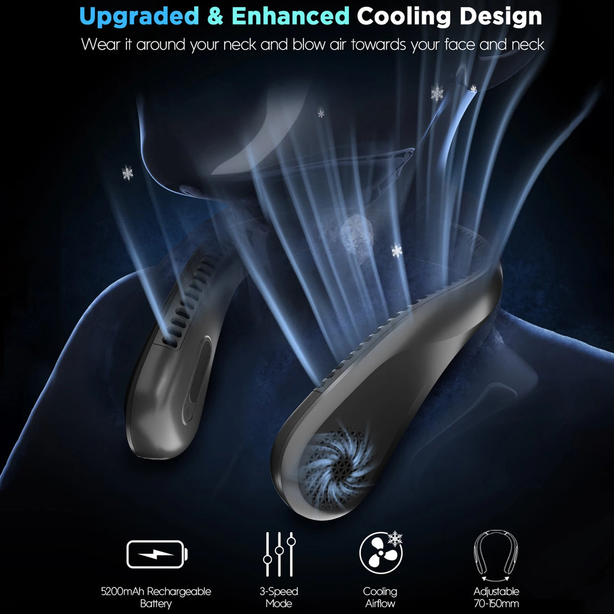 Portable Neck Fan, Rechargeable Bladeless Wearable Fan with 4 Speeds, 66 Vents, Lightweight Personal Fan for Work, Cooking, Travel, Camping, Gym