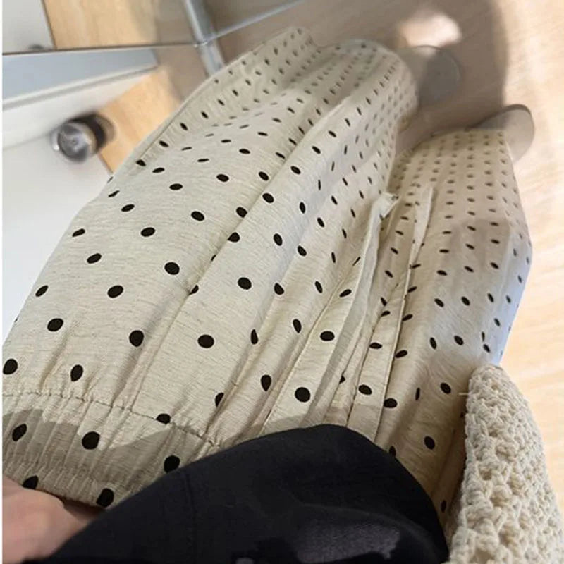 Women's Breathable Linen Polka Dot Banana Pants   Summer Casual Trousers   Elastic Waist Drawstring Wide-Leg Pants