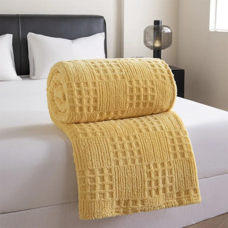 Solid color taffle waffle jacquard blanket multi-functional comfortable cotton velvet blanket nap blanket