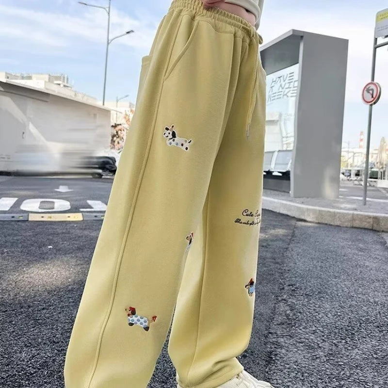 Girl Cotton Warm Trousers American High Street Casual Pants Child Loose Pants Autumn Kids Pink Sweatpants 120-170 New 2025