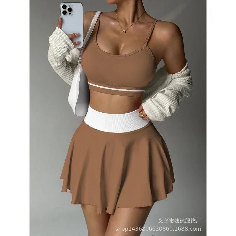 Fitness Yoga Set Women Tracksuit Gym Clothes Sports Bra 2 Piece Workout Sets Outfit Short Skirt Quick Drying Sportswear