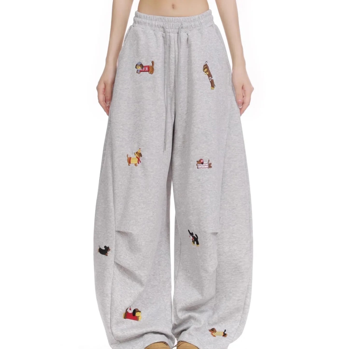 American Trendy Hip Hop Sausage Dog Embroidery Casual Pants Women Loose Slimming Versatile Street Drape Wide Leg Pants Sweatp...