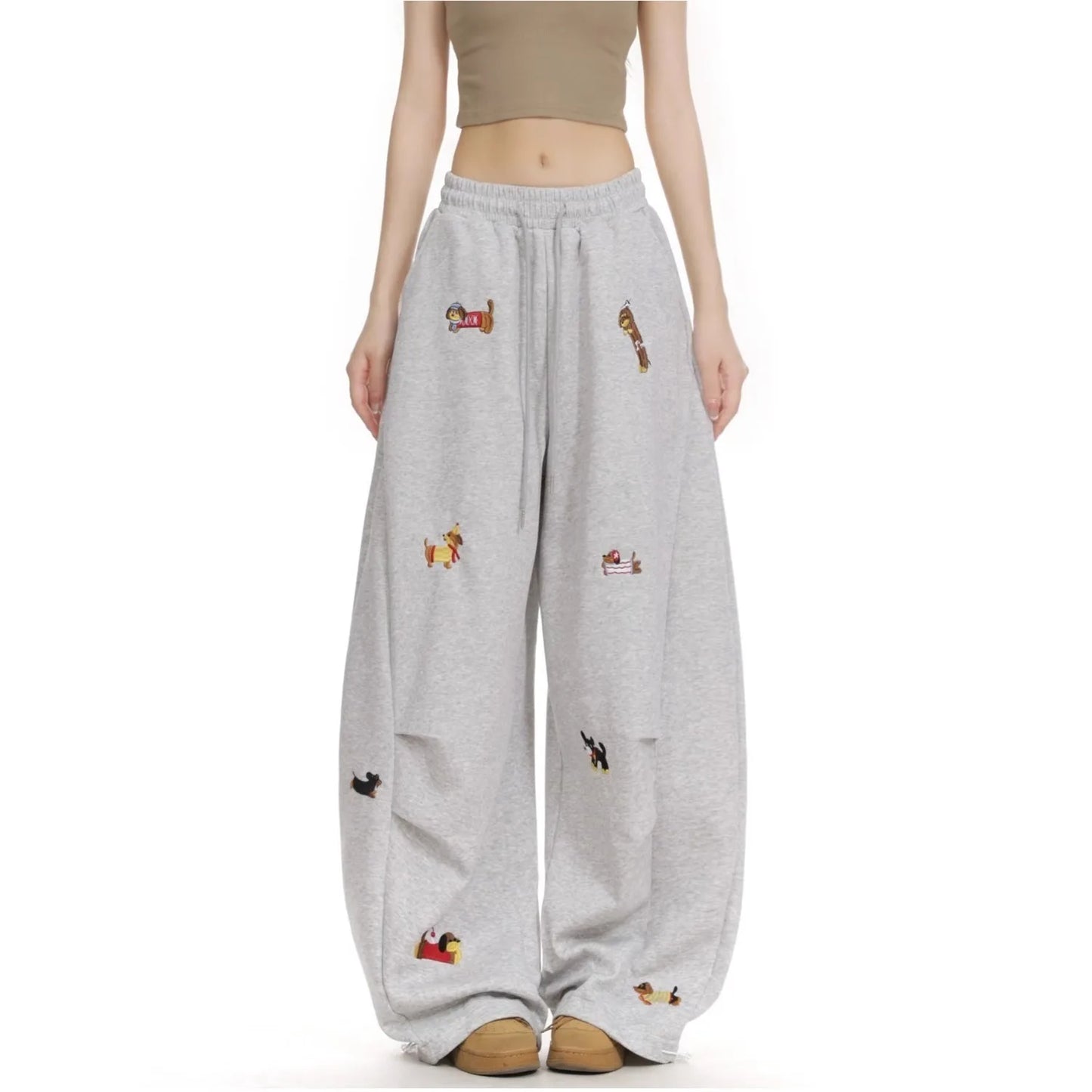 American Trendy Hip Hop Sausage Dog Embroidery Casual Pants Women Loose Slimming Versatile Street Drape Wide Leg Pants Sweatp...
