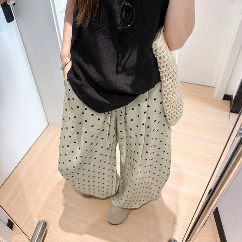 Women's Breathable Linen Polka Dot Banana Pants   Summer Casual Trousers   Elastic Waist Drawstring Wide-Leg Pants