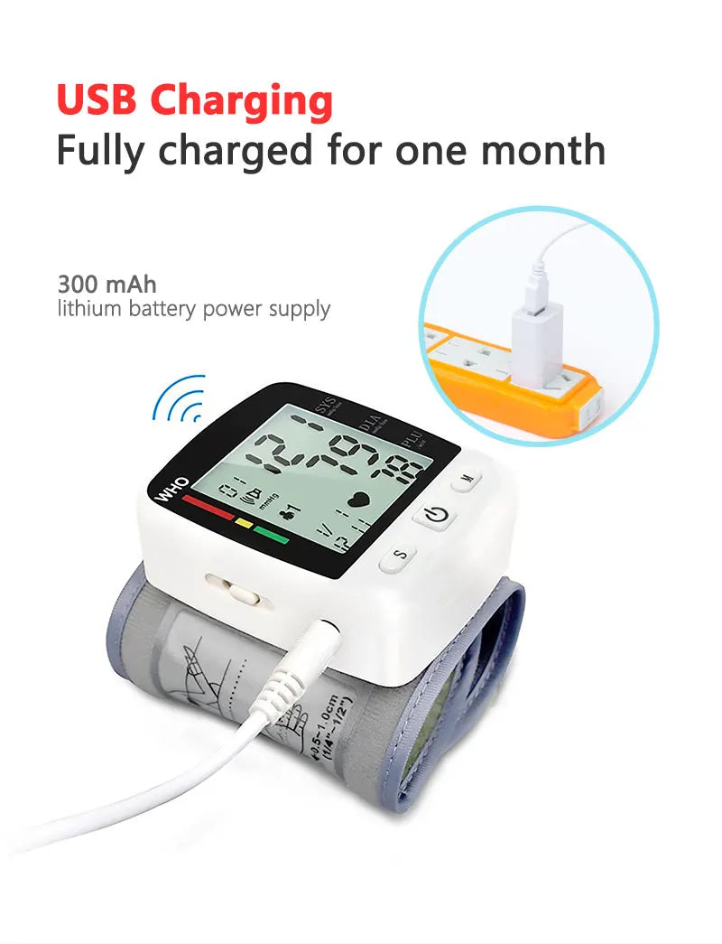 Digital Blood Pressure Monitor Wrist Tensiometer Electronic Sphygmomanometer  Tonometer with LCD, 2 X 90 Memory Rechargeable