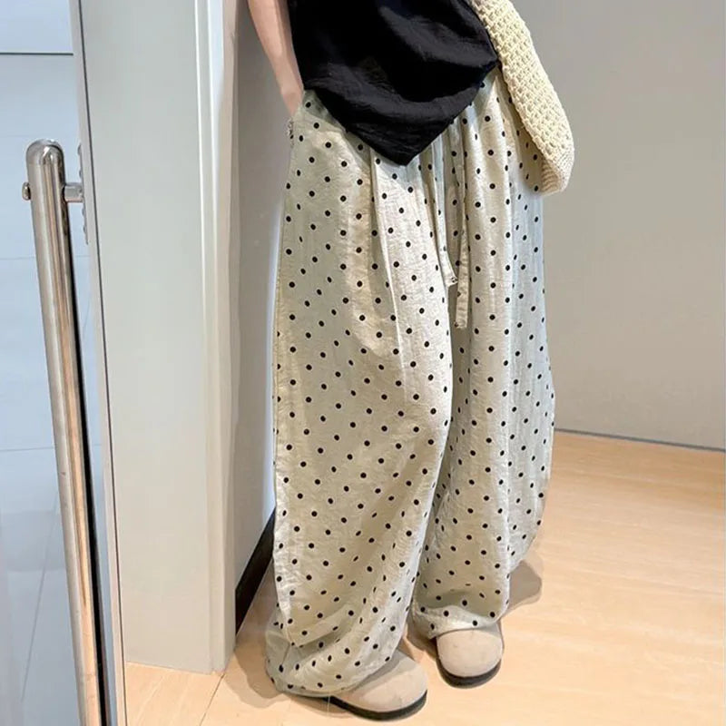 Women's Breathable Linen Polka Dot Banana Pants   Summer Casual Trousers   Elastic Waist Drawstring Wide-Leg Pants