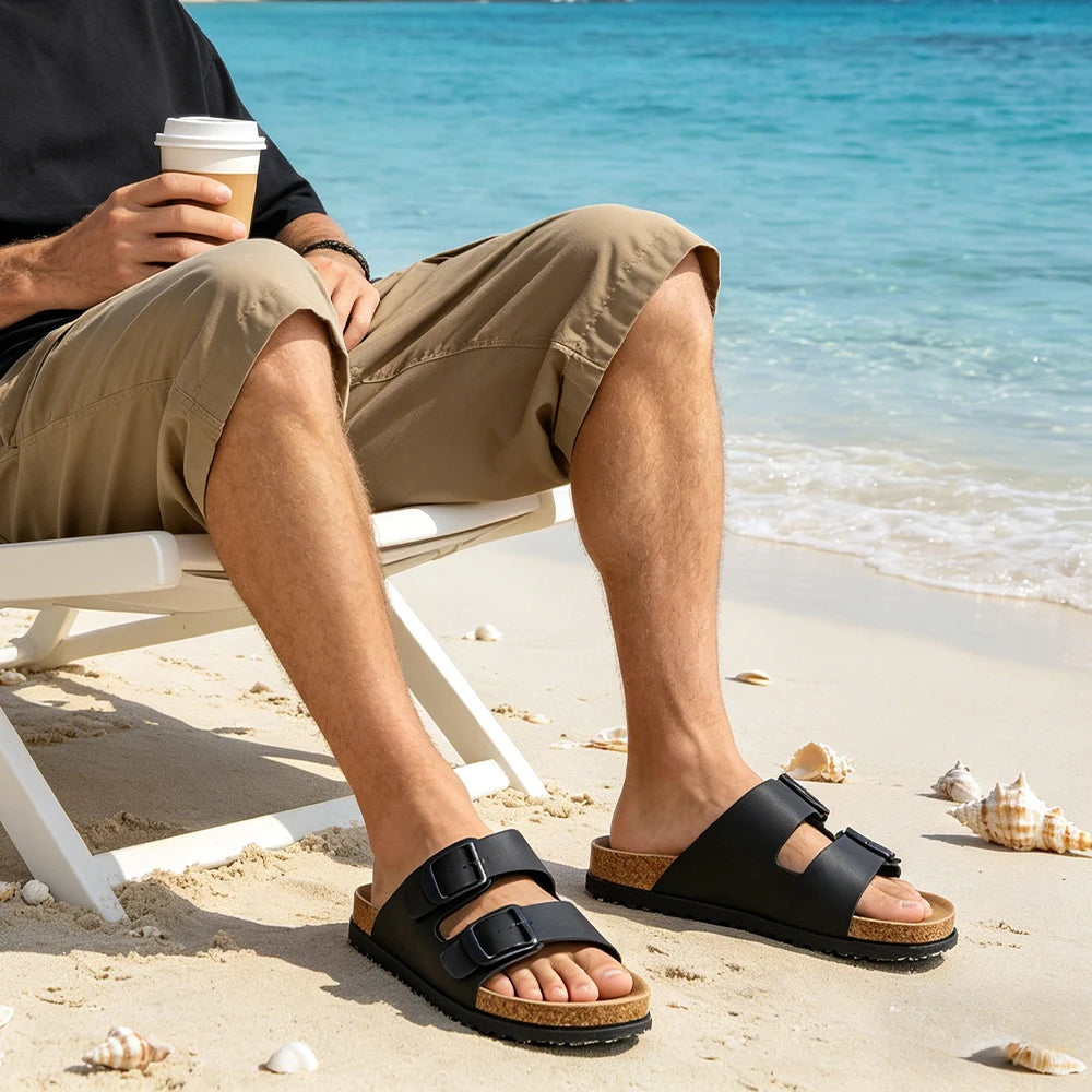 Black and White Double Buckle Sandals, Unisex Adjustable Flat Slippers, Non-Slip Sandals for Both Men and Women