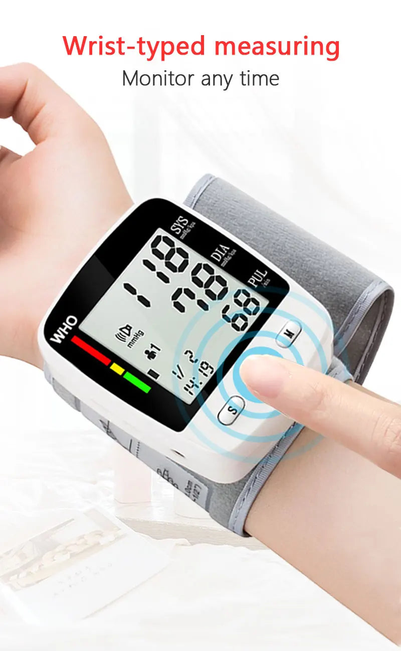 Digital Blood Pressure Monitor Wrist Tensiometer Electronic Sphygmomanometer  Tonometer with LCD, 2 X 90 Memory Rechargeable