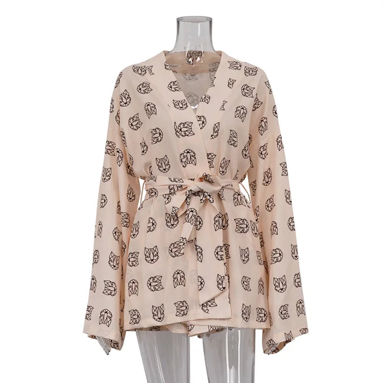 Shorts Set Homewear Fashion Loose Print 2 Piece Sets Womens Outfits Casual Lace Up Long Sleeve Robes With High Waist Pajama 2023