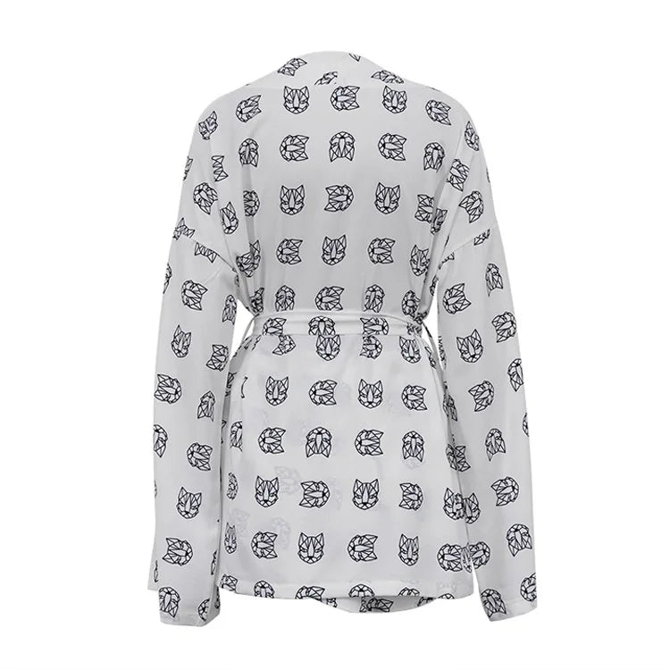 Shorts Set Homewear Fashion Loose Print 2 Piece Sets Womens Outfits Casual Lace Up Long Sleeve Robes With High Waist Pajama 2023