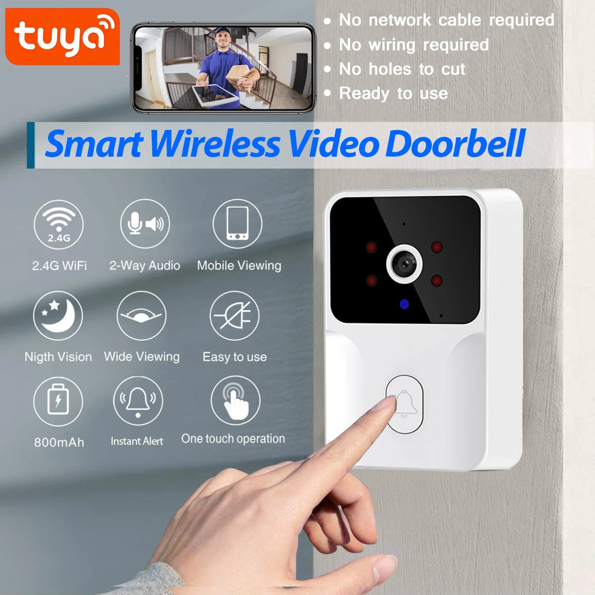 Tuya Smart Video Doorbell Camera 480PHD Wireless doorbell for Home Security, Night Vision, Voice Change, 2-Way Audio, Waterproof