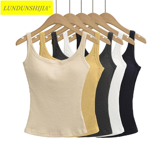 LUNDUNSHIJIA 2025 Summer Women Bamboo Cotton Sexy Backless Camisole Ladies Fashion With Chest Pads Tops 5 Colors
