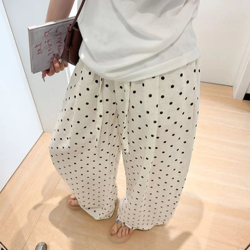 Women's Breathable Linen Polka Dot Banana Pants   Summer Casual Trousers   Elastic Waist Drawstring Wide-Leg Pants