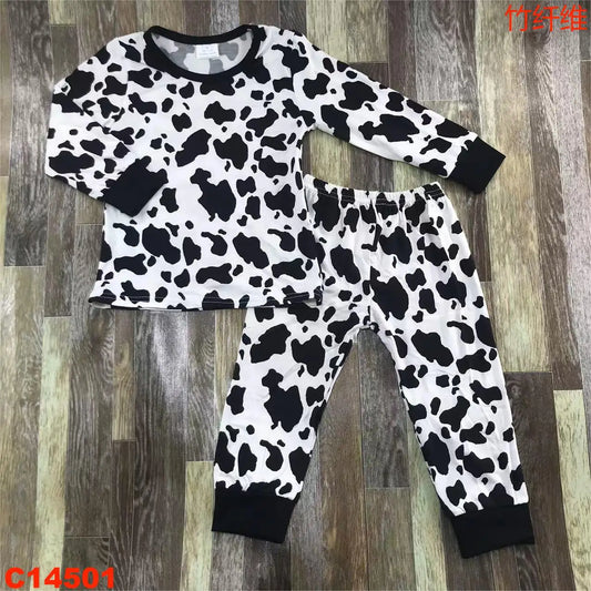 Bamboo Fiber Boys and Girls Matching Cow Long Sleeve Comfort Black Crew Neck Pajama Set 11