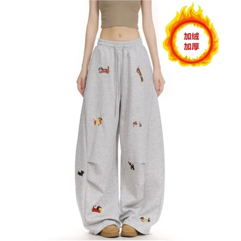 American Trendy Hip Hop Sausage Dog Embroidery Casual Pants Women Loose Slimming Versatile Street Drape Wide Leg Pants Sweatp...