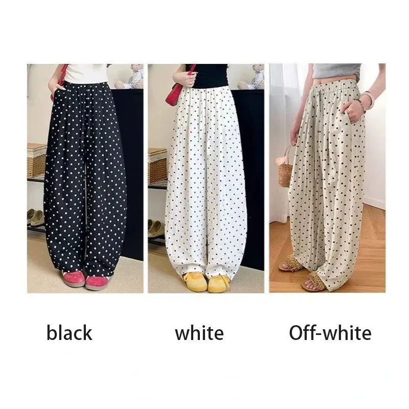 Women's Breathable Linen Polka Dot Banana Pants   Summer Casual Trousers   Elastic Waist Drawstring Wide-Leg Pants