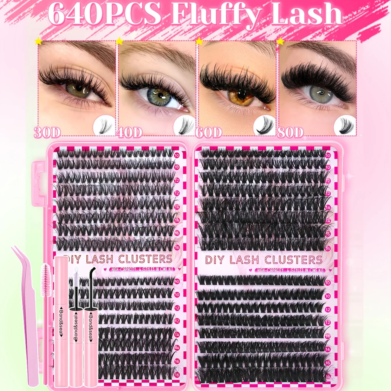800PCS 30406080D Clusters Lashes Extension Kit, Length 9-16mm Natural Eyelashes,Cat eye,Bond and Seal,Tweezers,Brush,DIY At Home