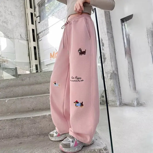 Girl Cotton Warm Trousers American High Street Casual Pants Child Loose Pants Autumn Kids Pink Sweatpants 120-170 New 2025