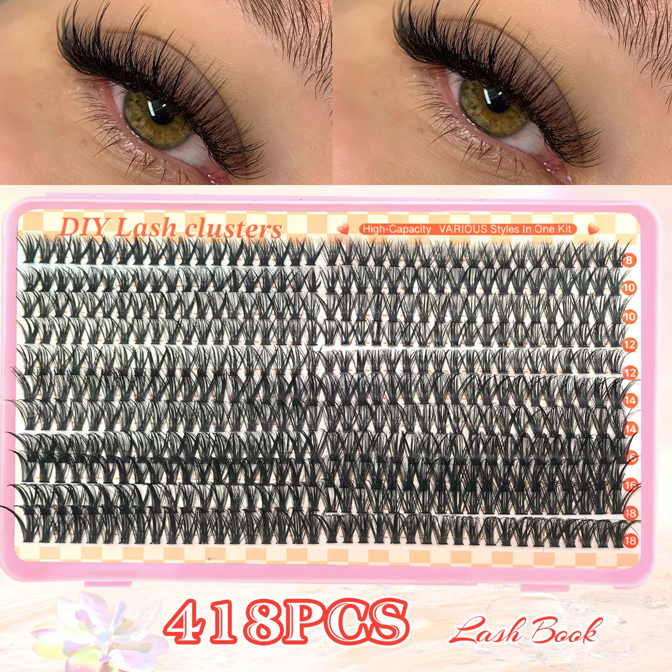 800PCS 30406080D Clusters Lashes Extension Kit, Length 9-16mm Natural Eyelashes,Cat eye,Bond and Seal,Tweezers,Brush,DIY At Home
