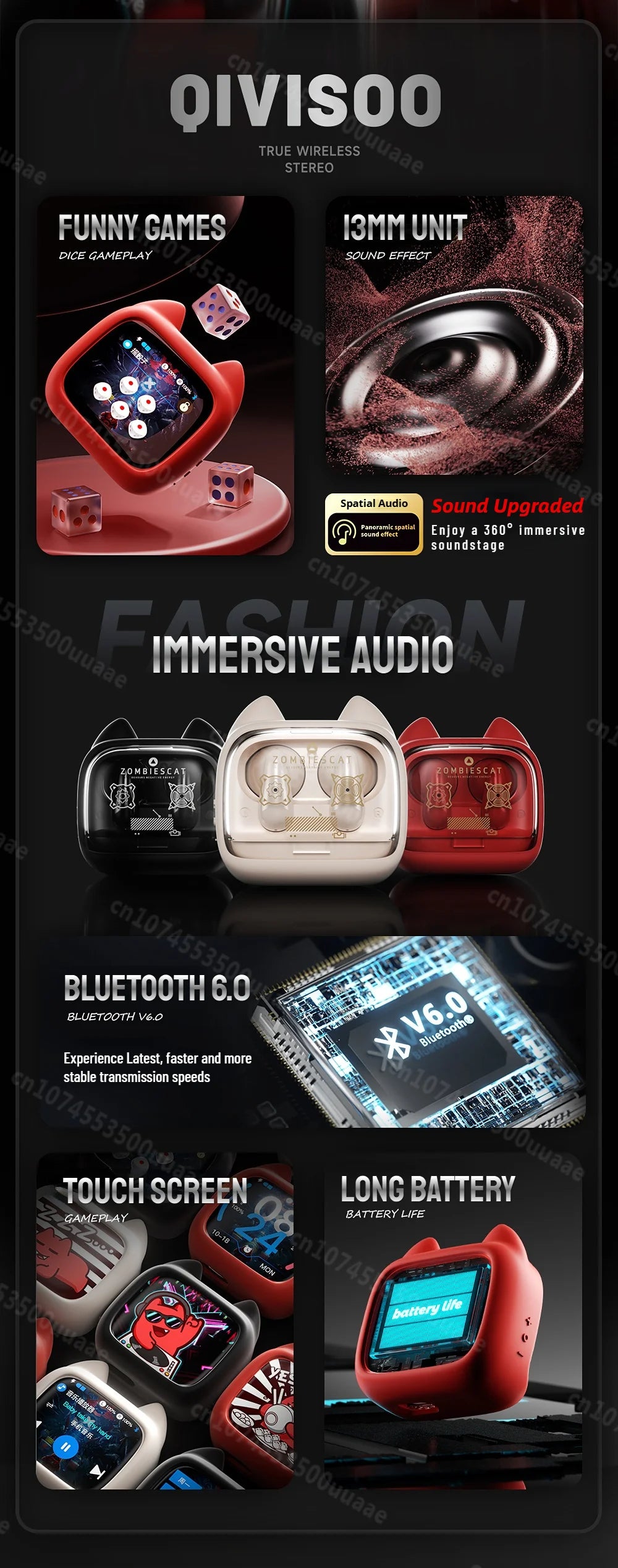 Zombies Cat B19 Smart Touch Screen Earphone HiFi Stereo Bluetooth 6.0 Headphones ENC Call Noise Reduction TWS Wireless Earbuds