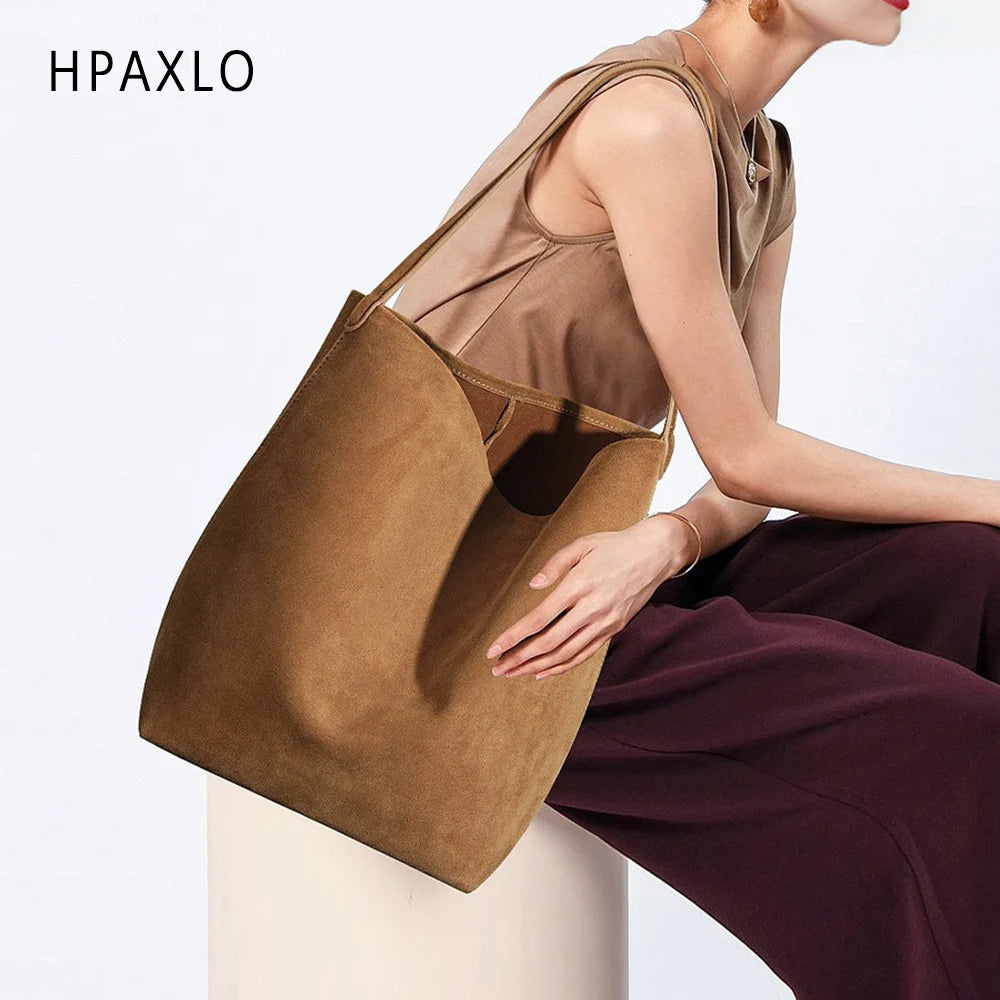 Matte Cowhide Leather Vintage Bucket Bag Large Capacity Tote Shoulder Bag For Women Commuter Elegant Textured Suede Purse Women'