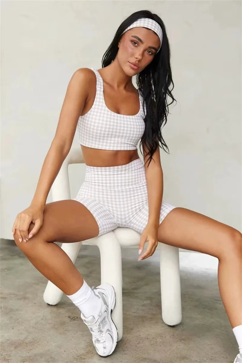 Yoga grid set women's high-stretch sports fitness tank top with high waist and quick-drying yoga features