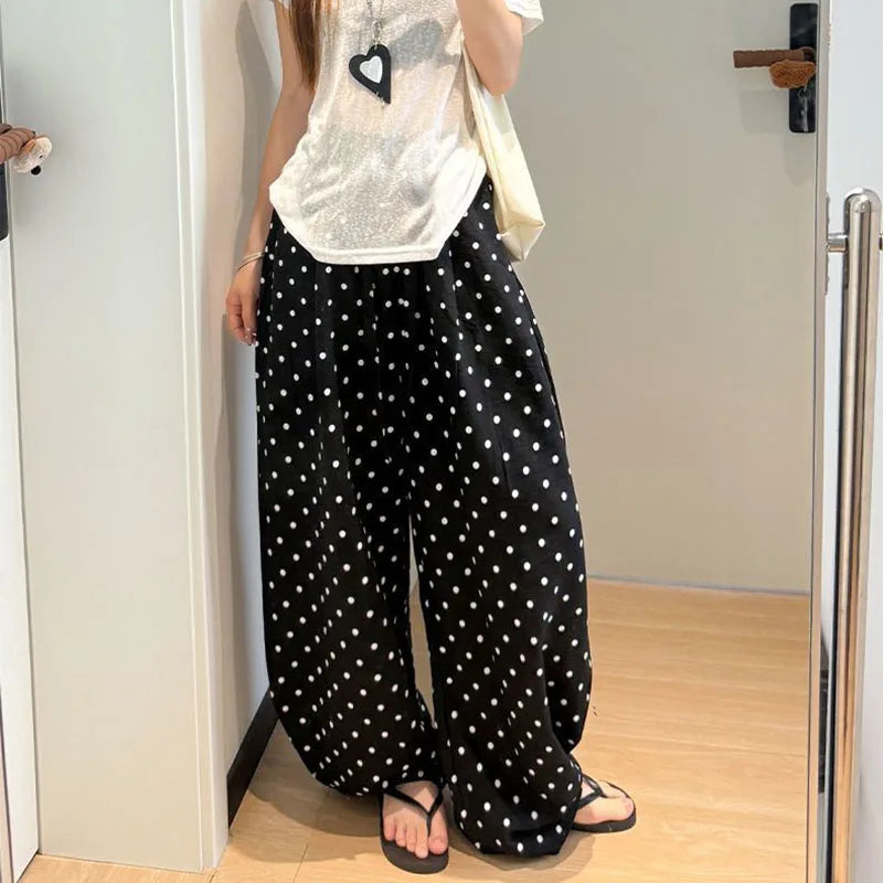 Women's Breathable Linen Polka Dot Banana Pants   Summer Casual Trousers   Elastic Waist Drawstring Wide-Leg Pants