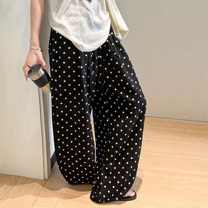 Women's Breathable Linen Polka Dot Banana Pants   Summer Casual Trousers   Elastic Waist Drawstring Wide-Leg Pants