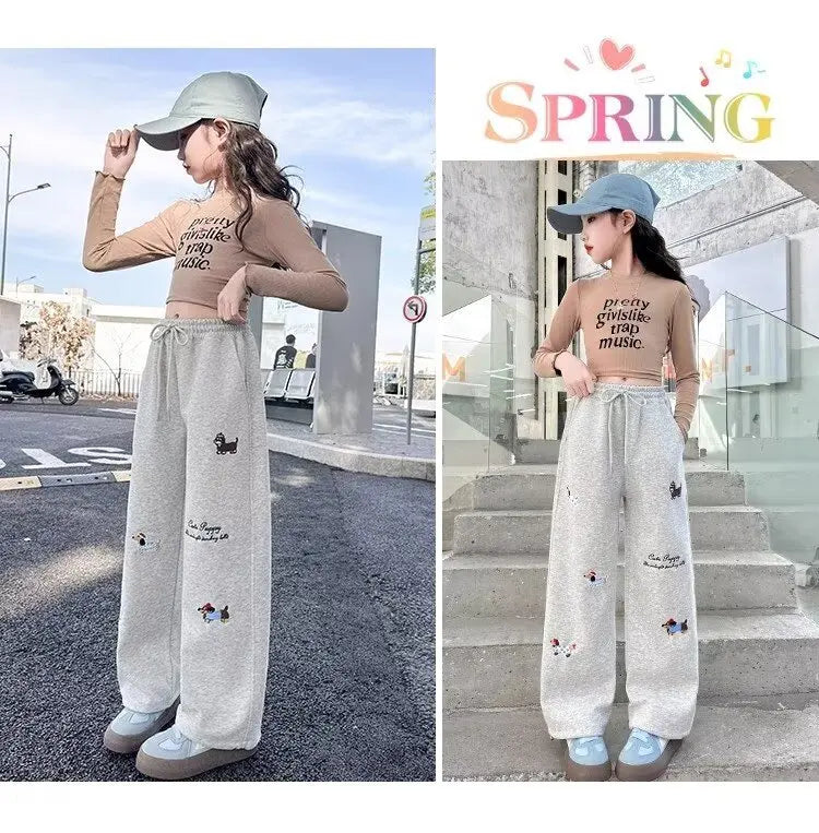 Girl Cotton Warm Trousers American High Street Casual Pants Child Loose Pants Autumn Kids Pink Sweatpants 120-170 New 2025