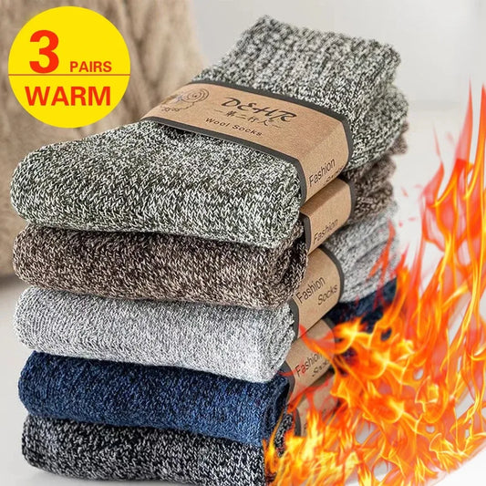 3 Pairs Winter Thick Warm Men’s Wool Socks Outdoor Thermal Cold-Resistant Sports Hiking Snow Socks Gift Size 39-44