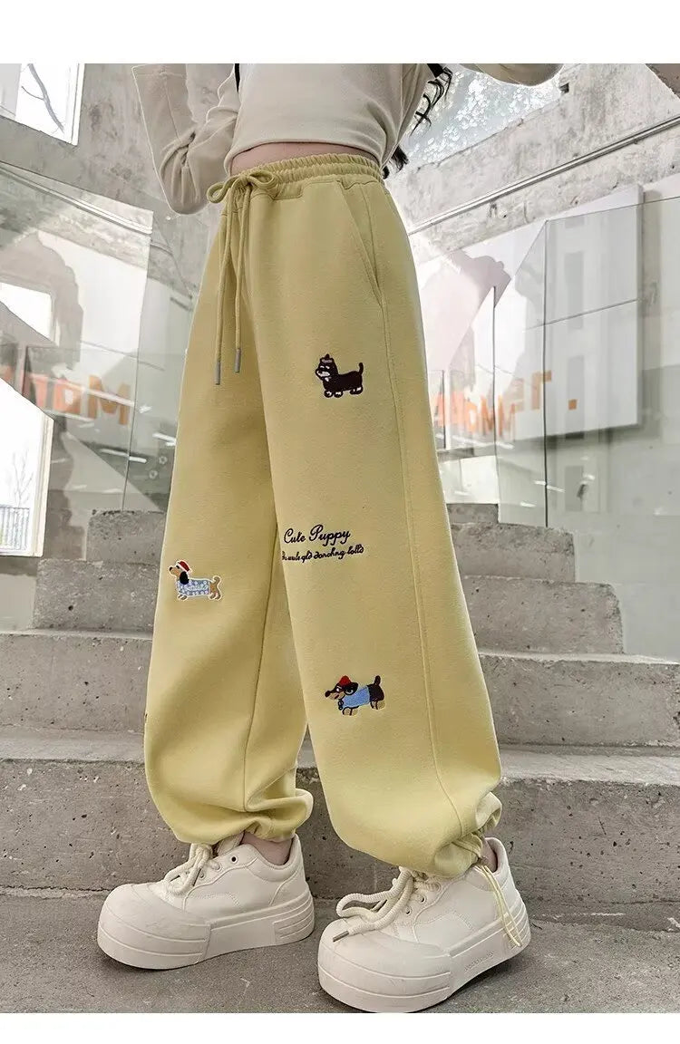 Girl Cotton Warm Trousers American High Street Casual Pants Child Loose Pants Autumn Kids Pink Sweatpants 120-170 New 2025