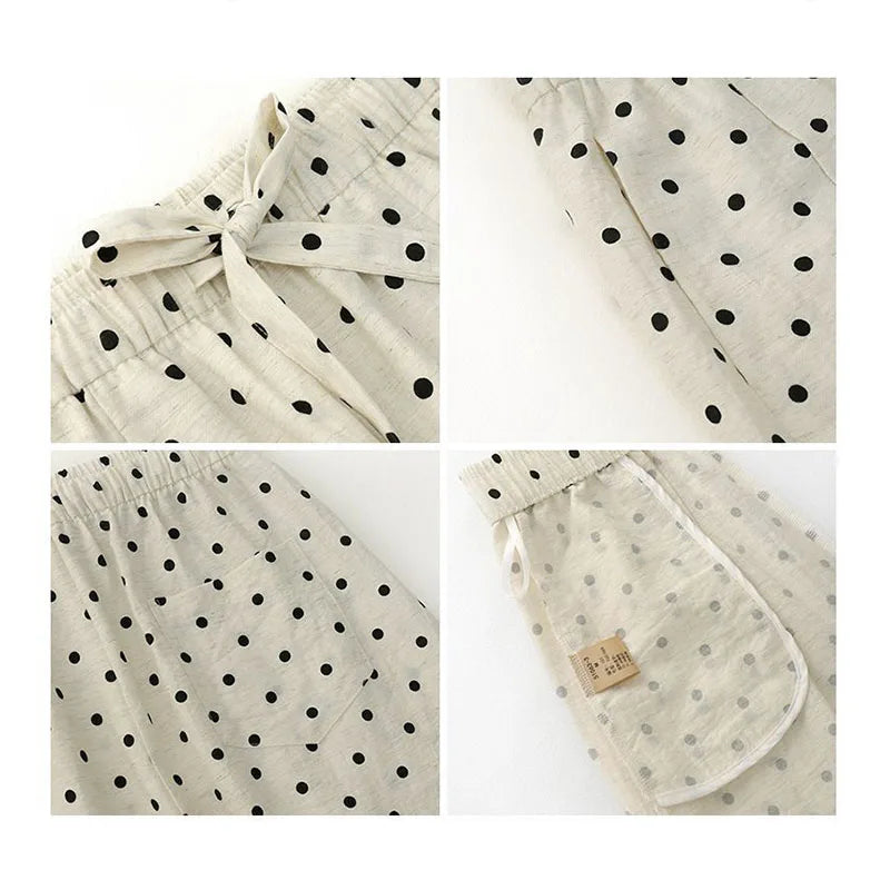 Women's Breathable Linen Polka Dot Banana Pants   Summer Casual Trousers   Elastic Waist Drawstring Wide-Leg Pants
