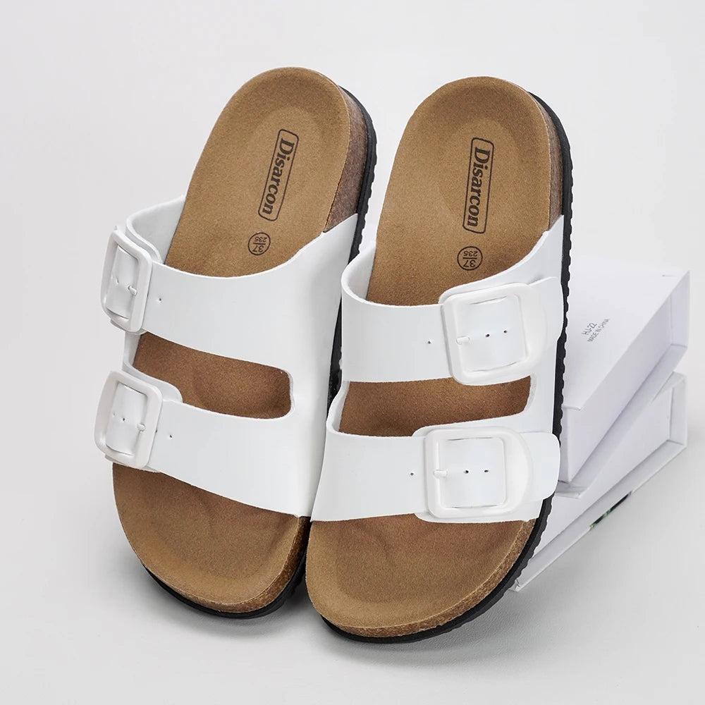 Black and White Double Buckle Sandals, Unisex Adjustable Flat Slippers, Non-Slip Sandals for Both Men and Women