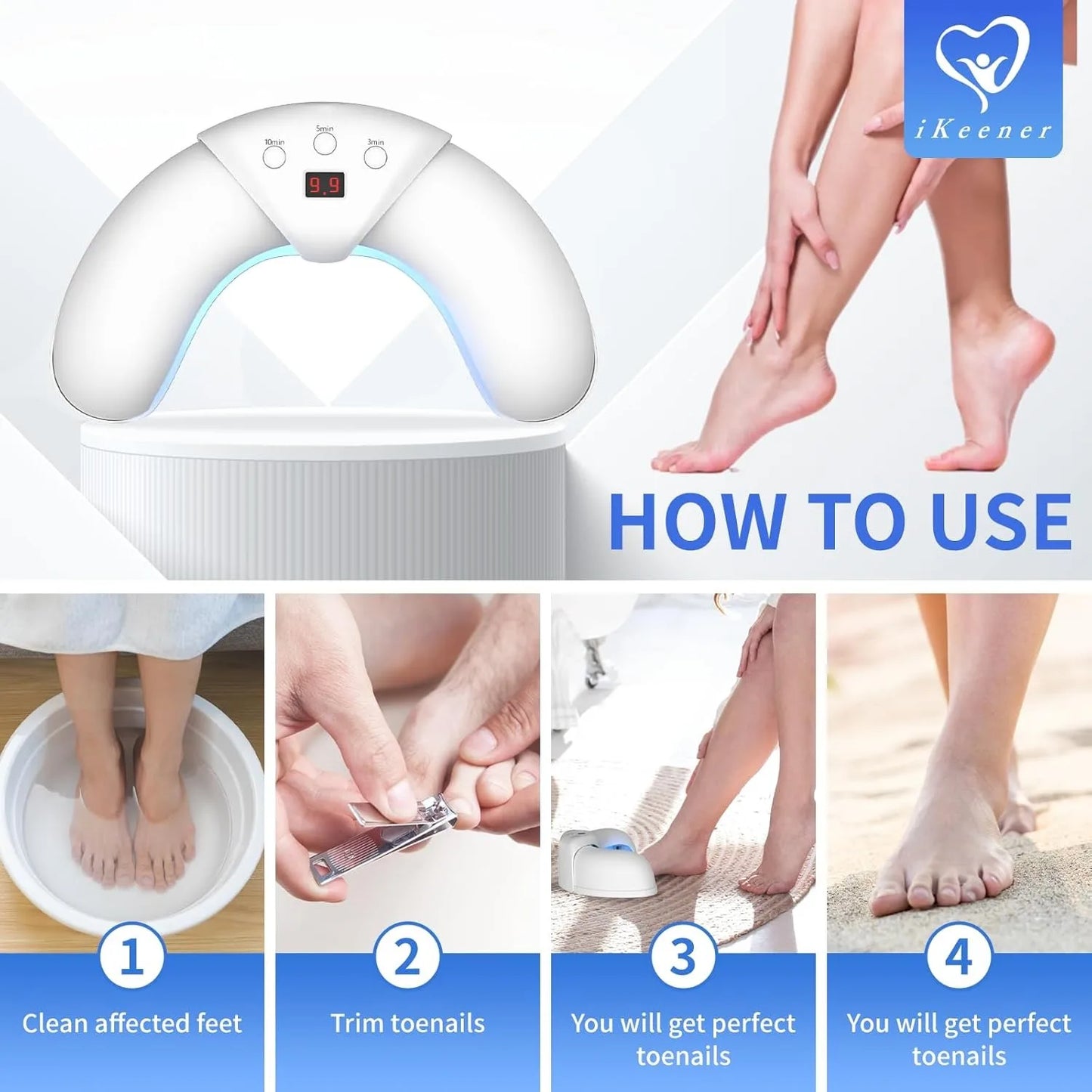 iKeener Nail Fungus Laser Device 8x910nm 14x470nm Cure Onychomycosis Toenail Fingernail Fungal Therapy Device Time display