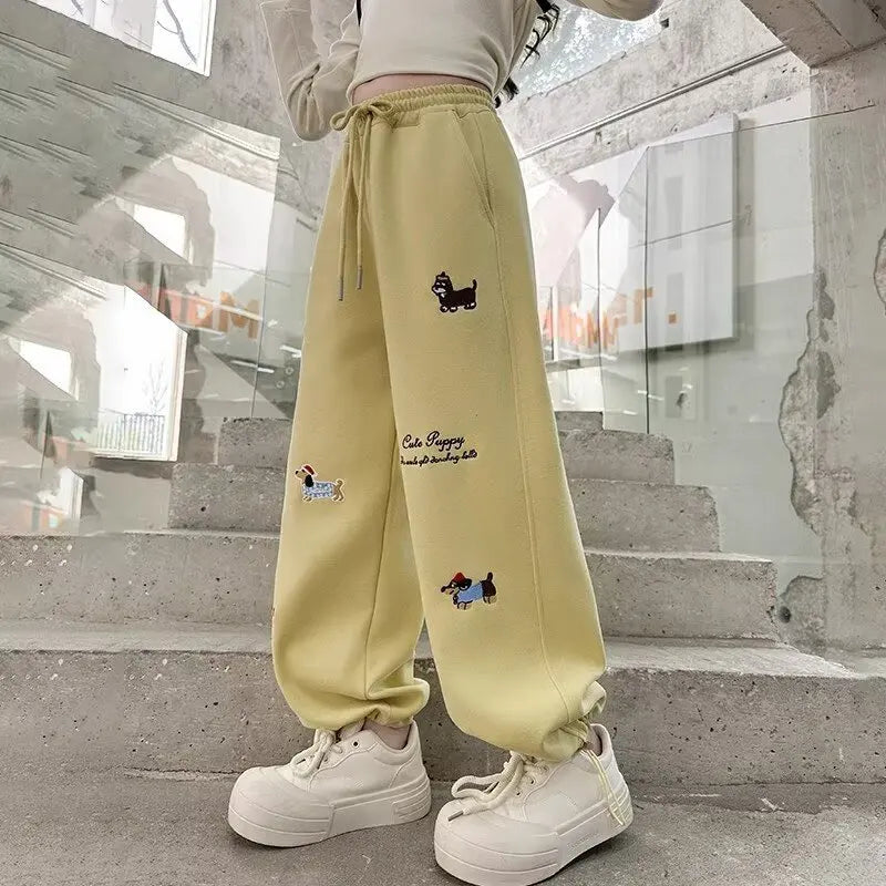Girl Cotton Warm Trousers American High Street Casual Pants Child Loose Pants Autumn Kids Pink Sweatpants 120-170 New 2025