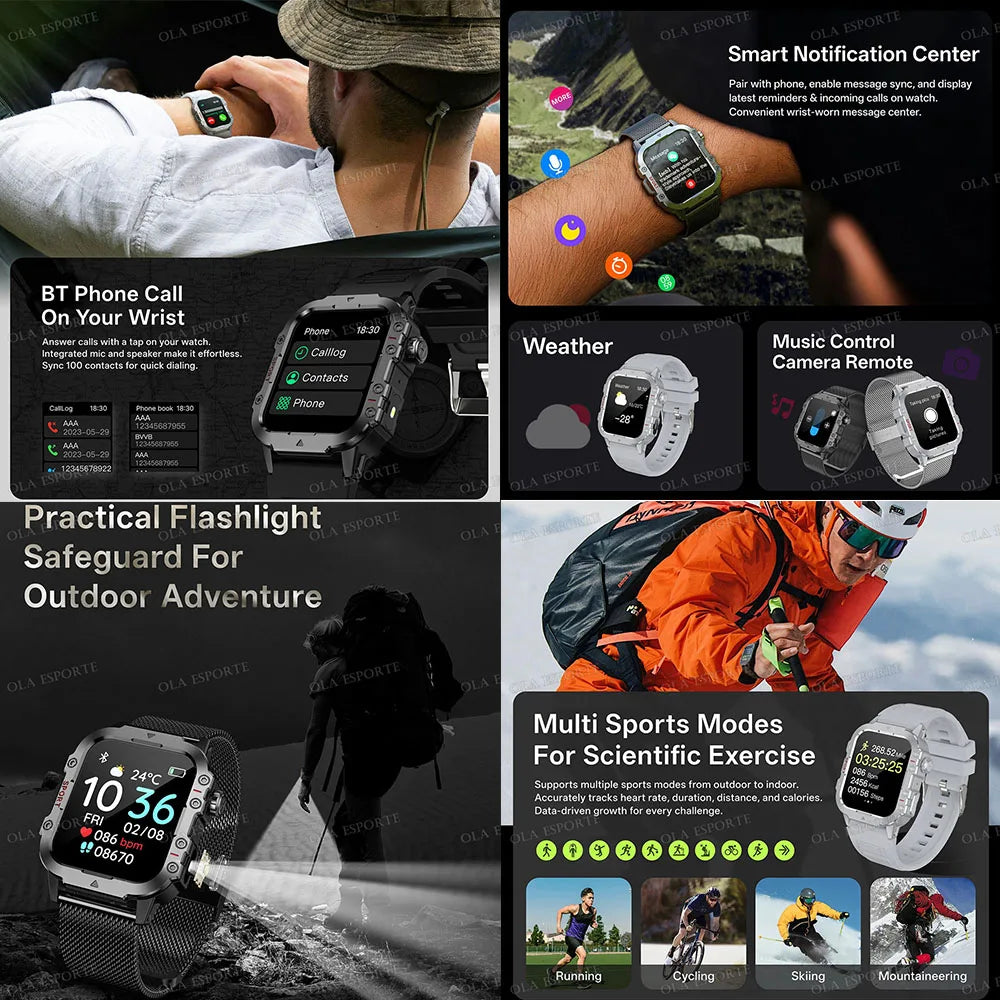 2026 New Military-grade Smart Watch Men GPS Flashlight 3ATM Waterproof Watch Bluetooth Call 100+Sport Outdoor Smartwatch Pk MA27