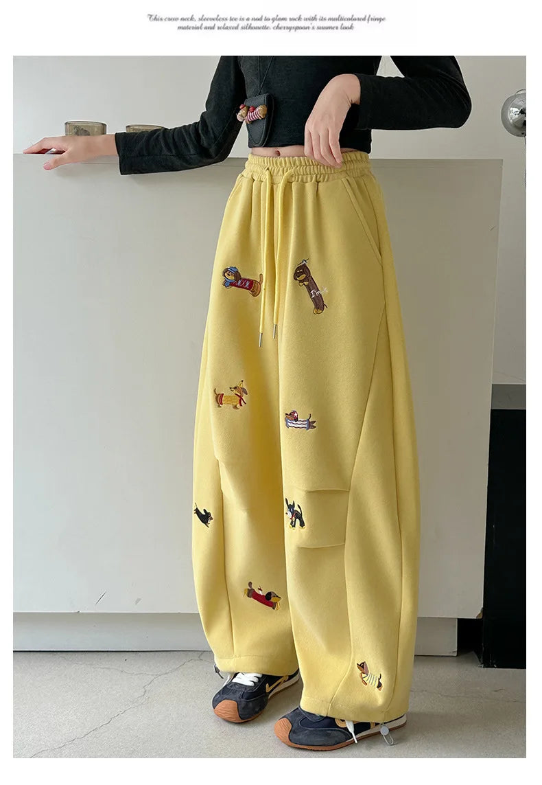 Girls' sweatpants Spring  Autumn 2026 New Children Dachshund embroidered curved knife pants Stylish girls casual sportspants