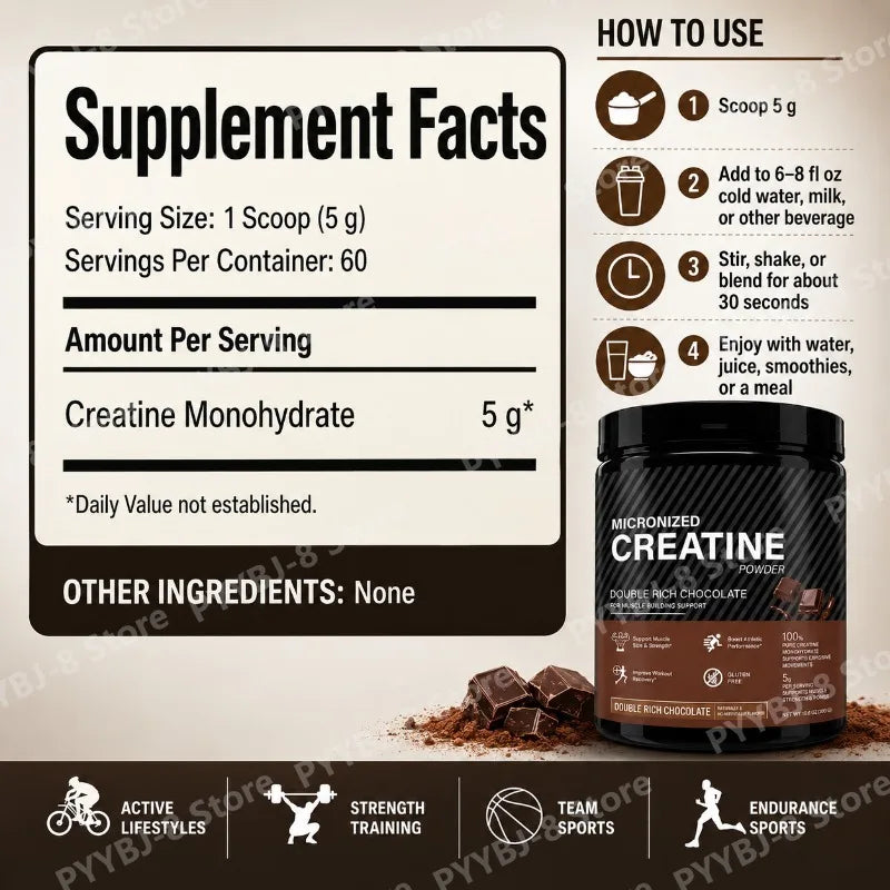 Creatine Monohydrate Powder Chocolate Flavor 10.6 OZ Improve Athletic Performance and Promote Muscle Recovery After Exercise