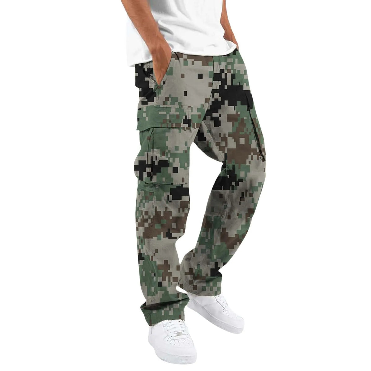 Men Camo Cargo Pants Multiple Colors Solid Drawstring Waist Loose Straight Multi Pocket Casual Streetwear Work Long Trousers