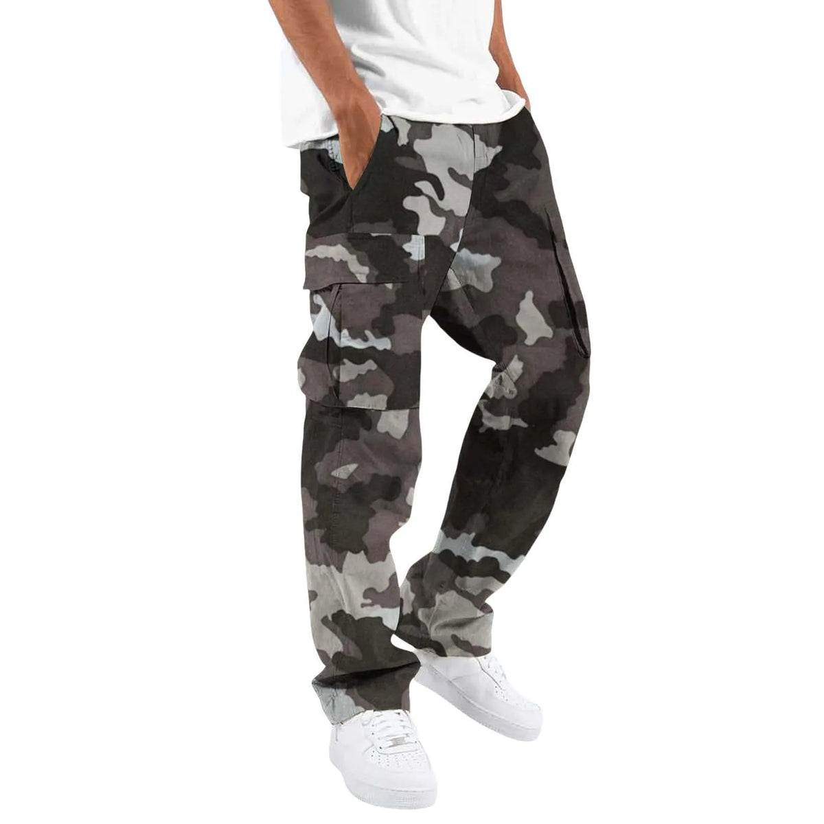 Men Camo Cargo Pants Multiple Colors Solid Drawstring Waist Loose Straight Multi Pocket Casual Streetwear Work Long Trousers