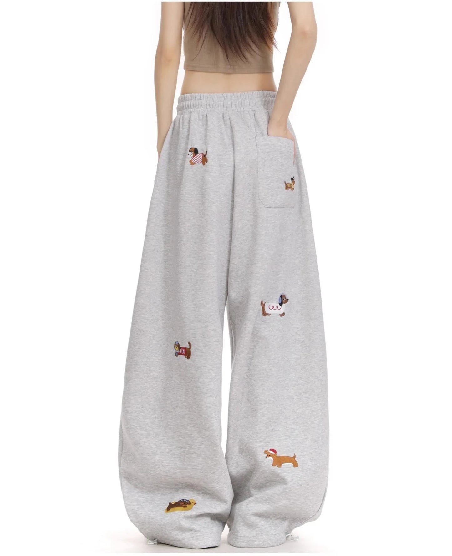 American Trendy Hip Hop Sausage Dog Embroidery Casual Pants Women Loose Slimming Versatile Street Drape Wide Leg Pants Sweatp...