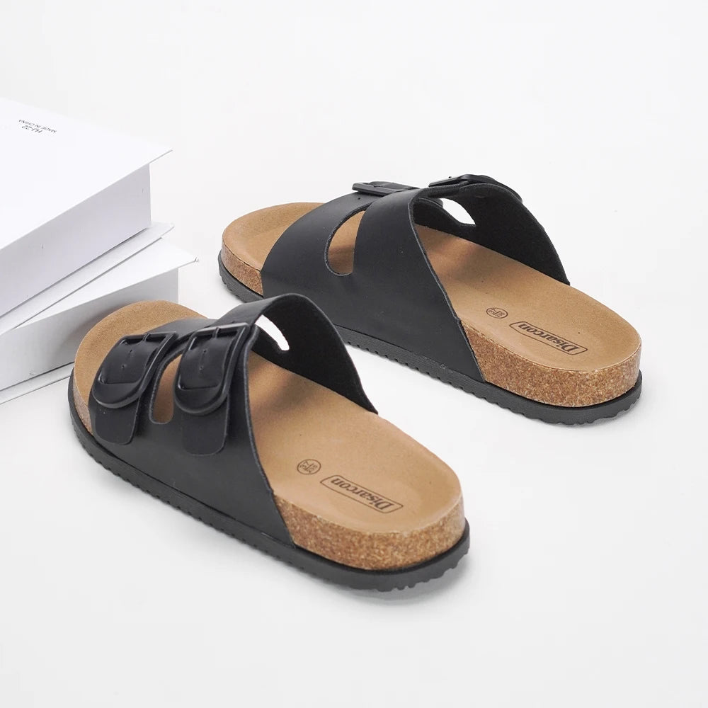 Black and White Double Buckle Sandals, Unisex Adjustable Flat Slippers, Non-Slip Sandals for Both Men and Women