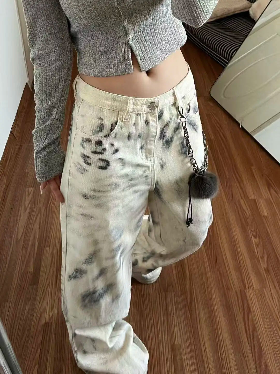 Womens High Waisted Leopard Print Jeans Vintage Washed Wide Leg Baggy Pants Y2K Streetwear Loose Casual Trousers for Women