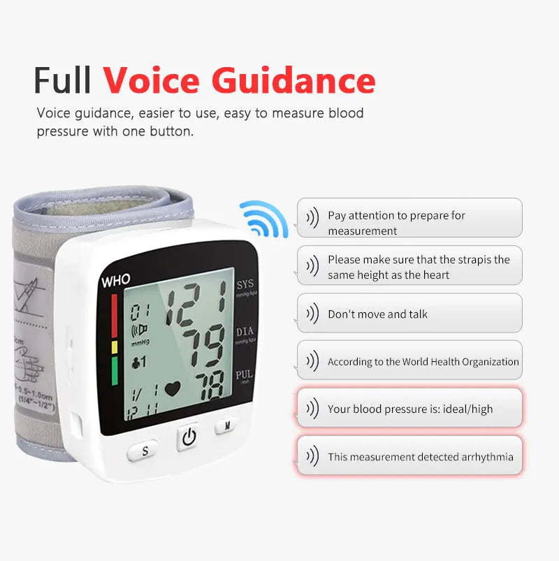 Digital Blood Pressure Monitor Wrist Tensiometer Electronic Sphygmomanometer  Tonometer with LCD, 2 X 90 Memory Rechargeable