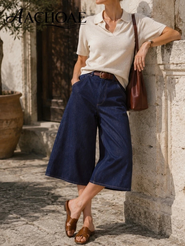 Women Wide Leg Cotton Denim Culottes High Waist Cropped Jeans Loose Casual Blue Jean Pants Vintage Wide Leg Capri Denim Trousers