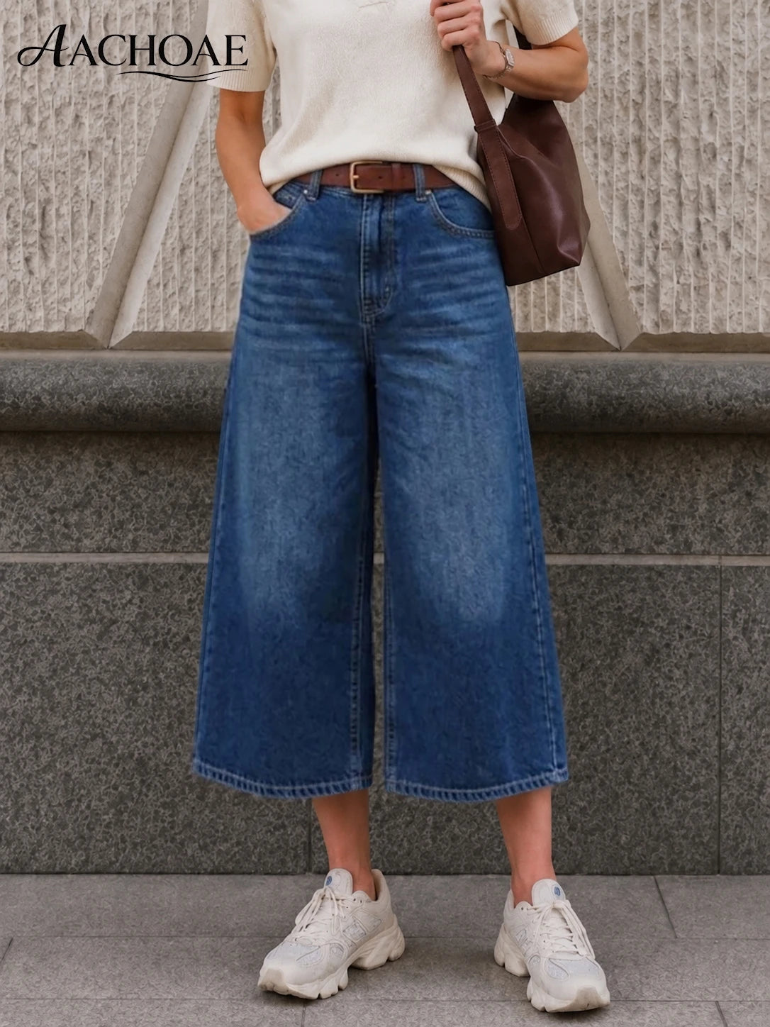 Women Wide Leg Cotton Denim Culottes High Waist Cropped Jeans Loose Casual Blue Jean Pants Vintage Wide Leg Capri Denim Trousers